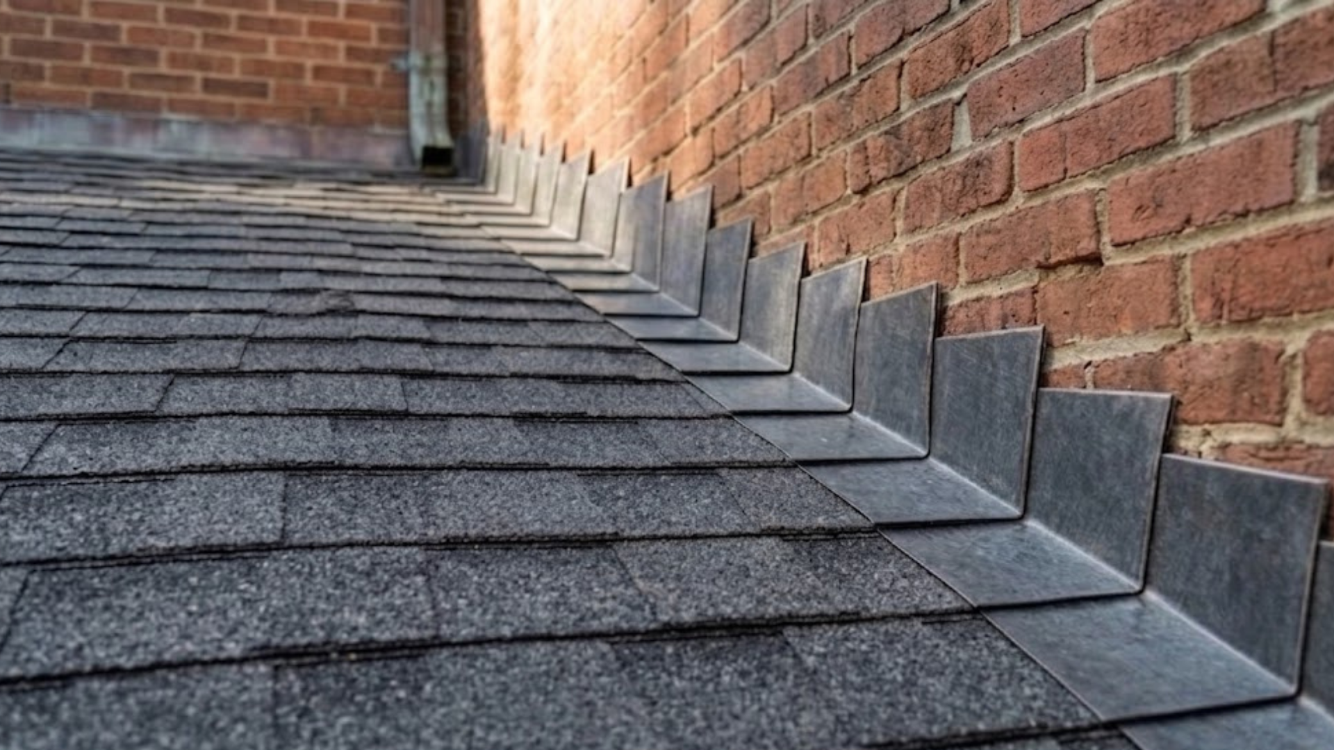 Flat gray roof shingles meeting a red brick wall with metal flashing along the edge