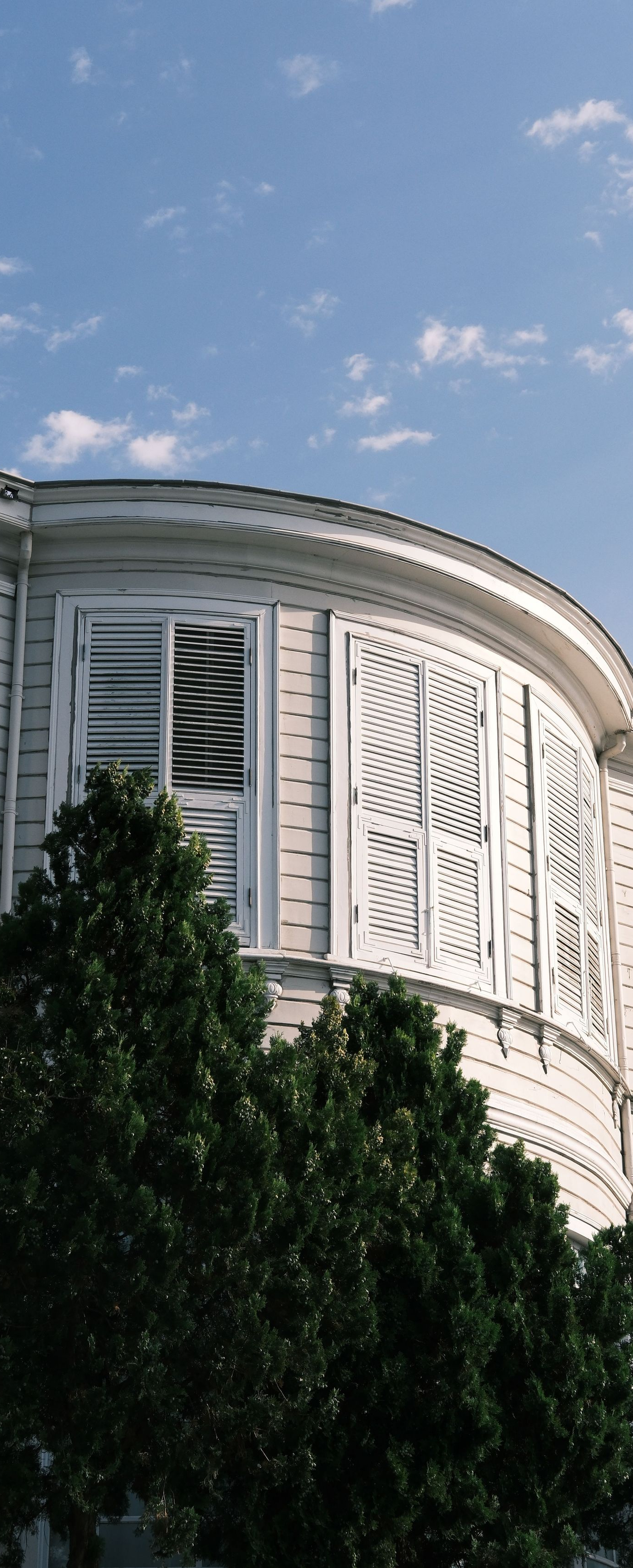 White domed building against a blue sky, partly hidden by leafy green trees.