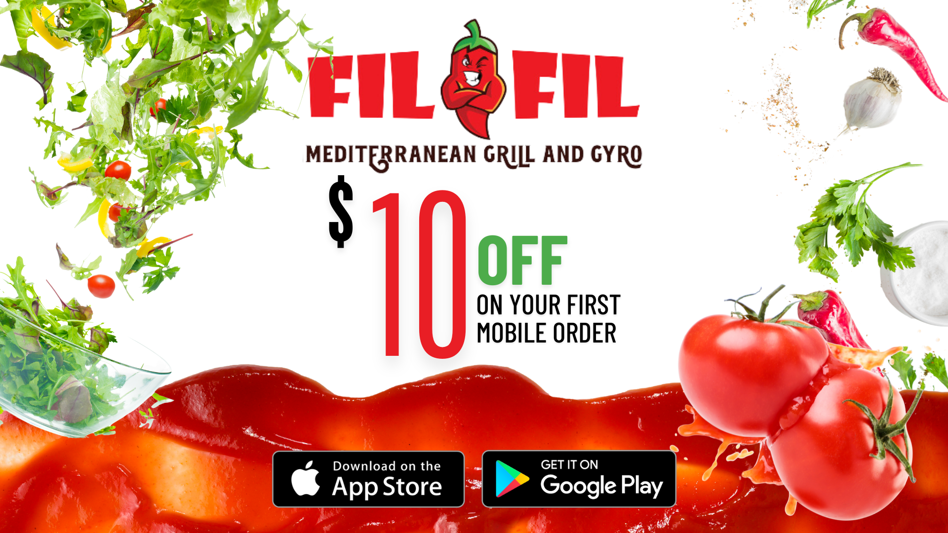 A poster for fil fil mediterranean grill and gyro advertising a $10 off on your first mobile order.