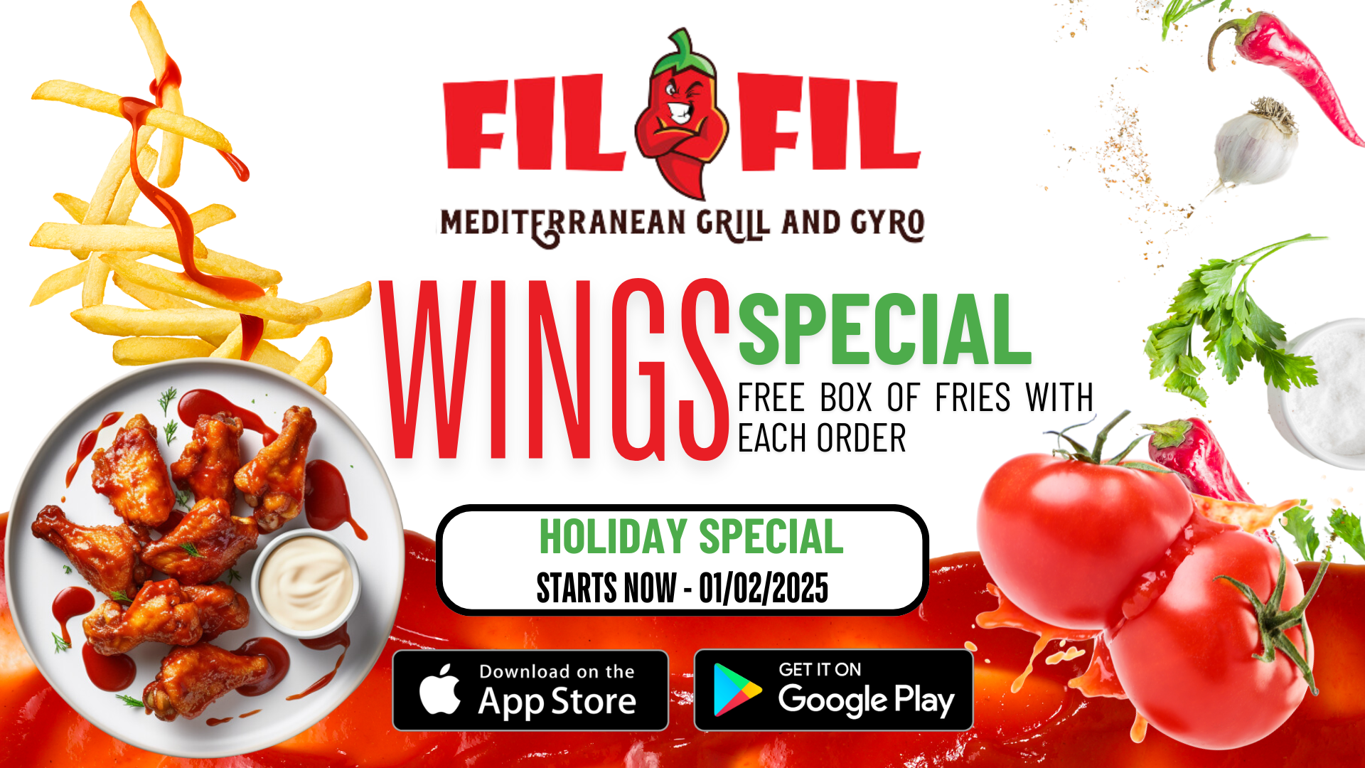 A poster for fil fil mediterranean grill and gyro shows a plate of chicken wings and french fries.