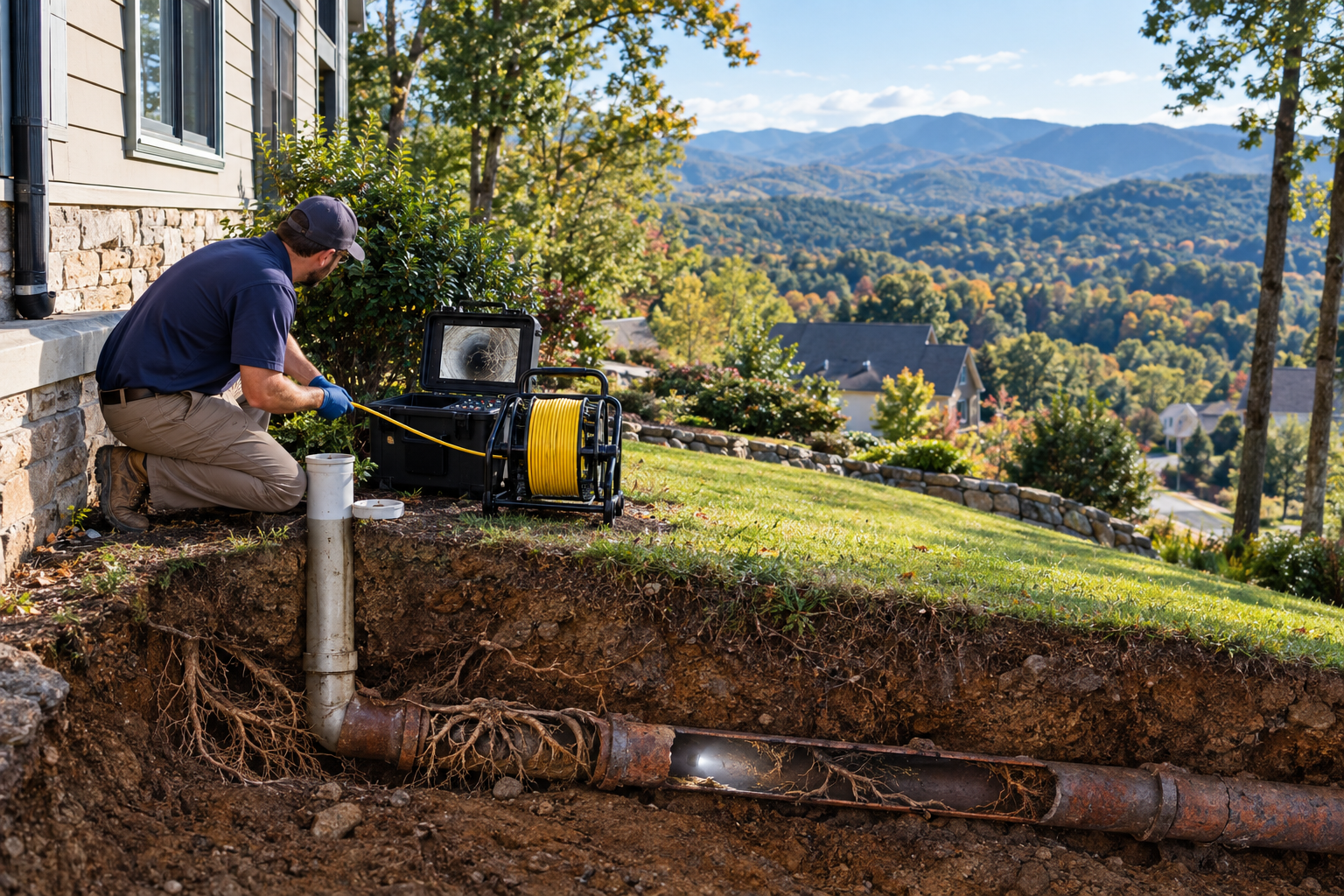 Worker inspecting outdoor pipes beside a house with a mountain view in the background