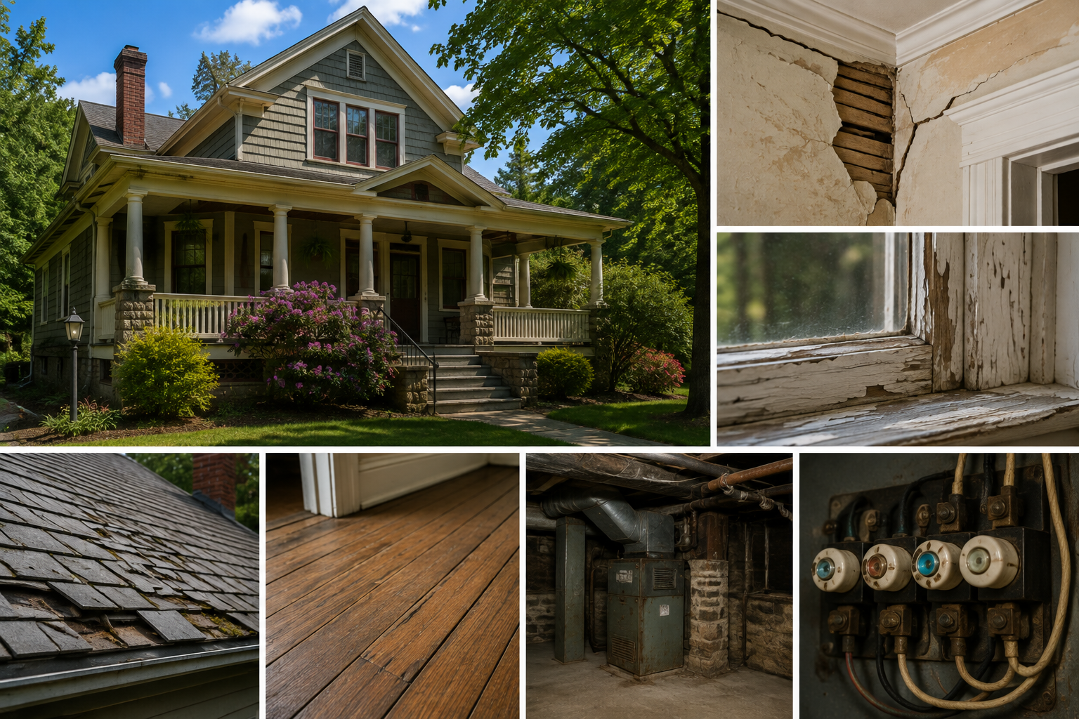 Weathered Victorian house collage showing porch, peeling paint, roof shingles, wood floor, basement, and utility meters