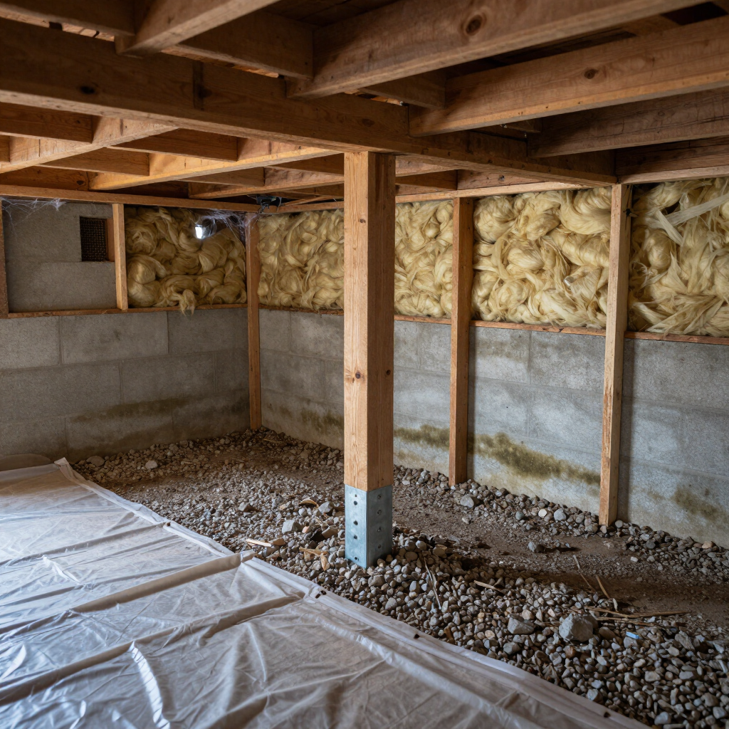 Unfinished basement with exposed wooden beams, insulation in wall cavities, and plastic sheeting on the floor.