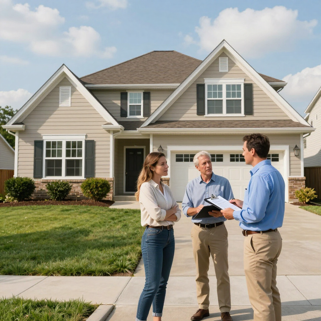 Real estate agent showing a house to two clients outside a suburban home