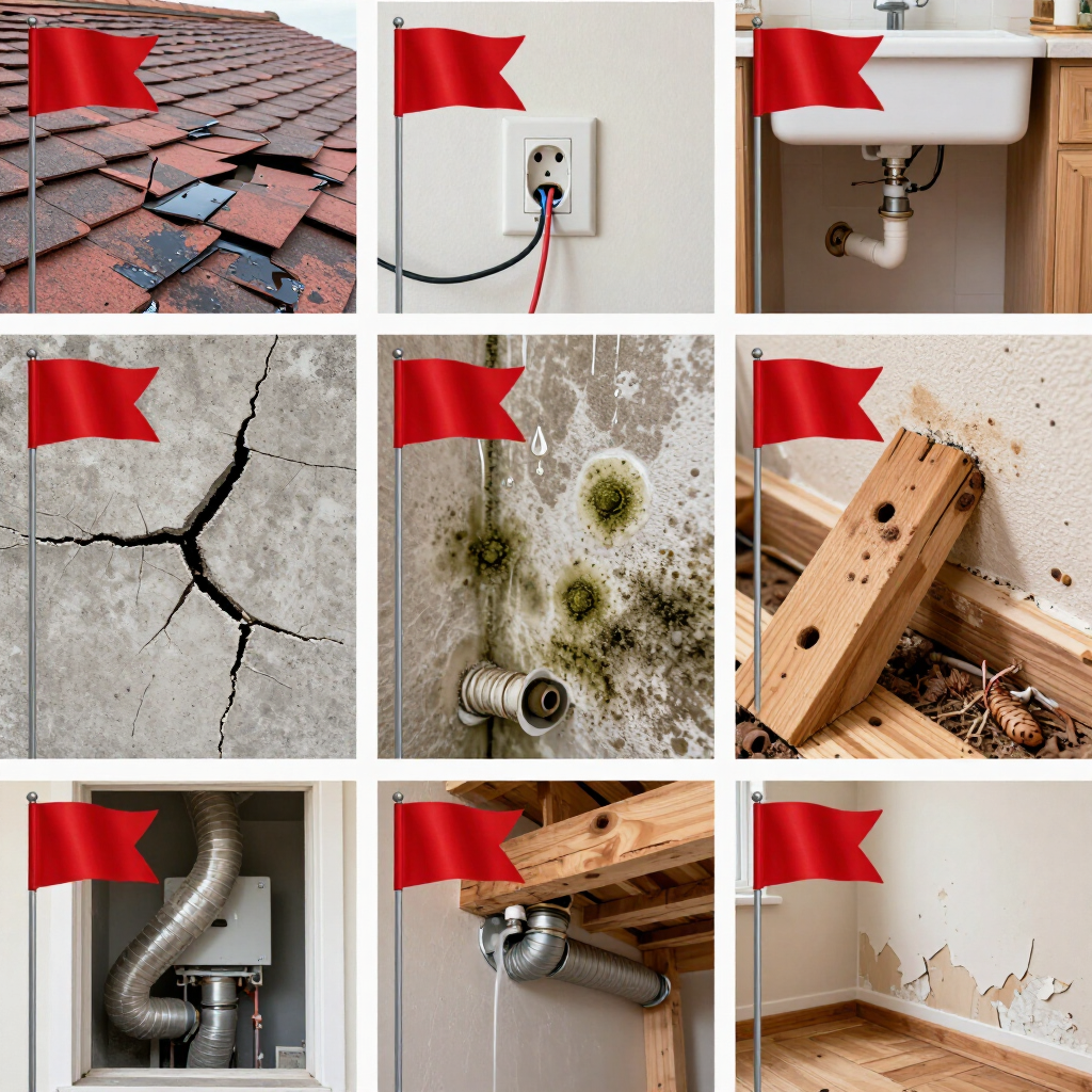 Collage of home repair problems: roof damage, leaks, cracks, mold, and broken plumbing with red flags.