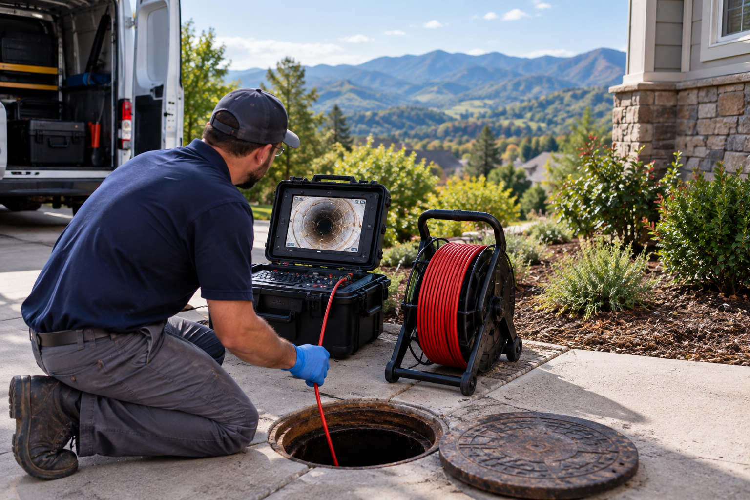 Worker using a drain camera to inspect a sewer line outside a house, with equipment beside an open manhole.