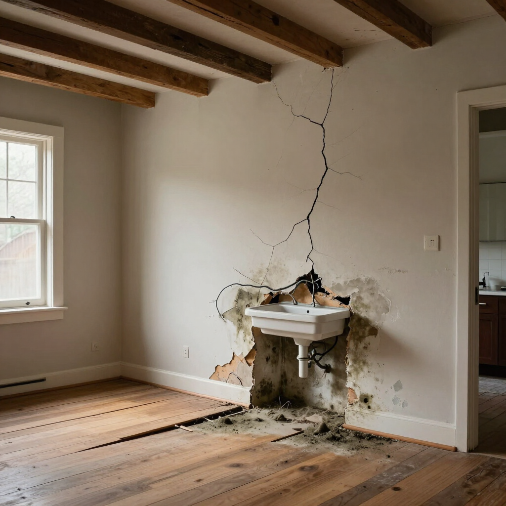 Damaged room with cracked wall, broken sink, and exposed plaster under exposed ceiling beams