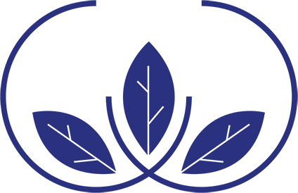 Three blue leaves are in a circle on a white background.