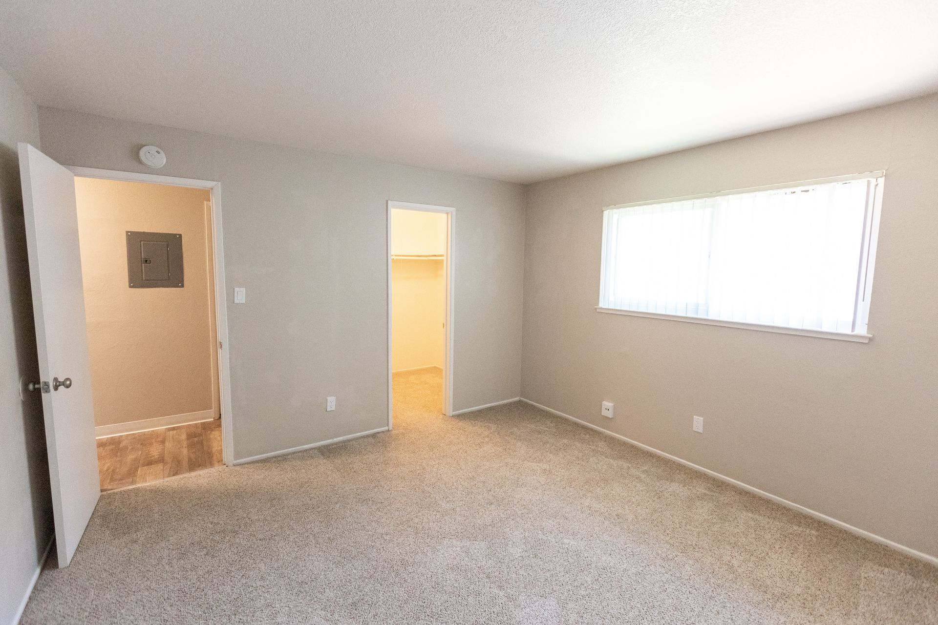 Empty beige bedroom with carpet, a window, and an open doorway leading to a hall and bathroom.