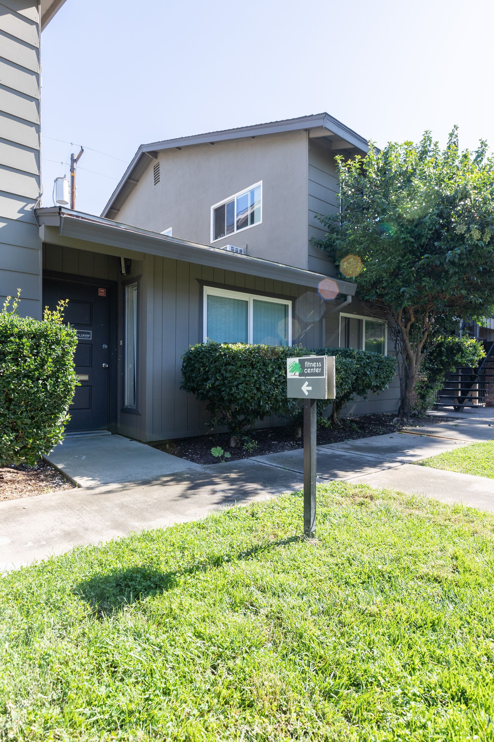 Suburban house with front lawn, hedges, and a mailbox in bright sunlight