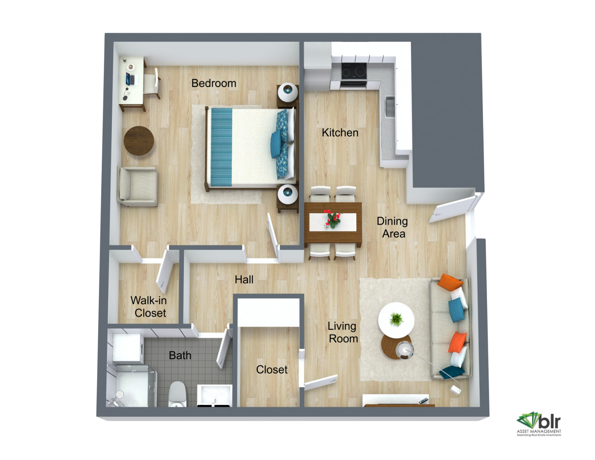Top-down floor plan of a small apartment with bedroom, kitchen, bath, hall, living room, and patio.