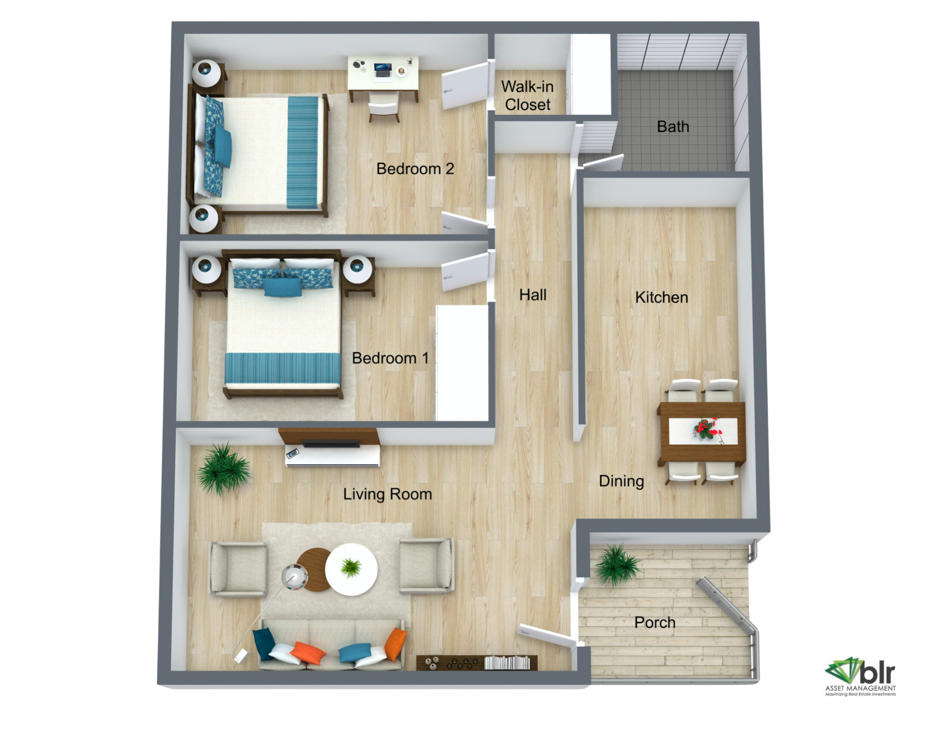 Apartment floor plan with two bedrooms, hall, kitchen, bath, and front entry.