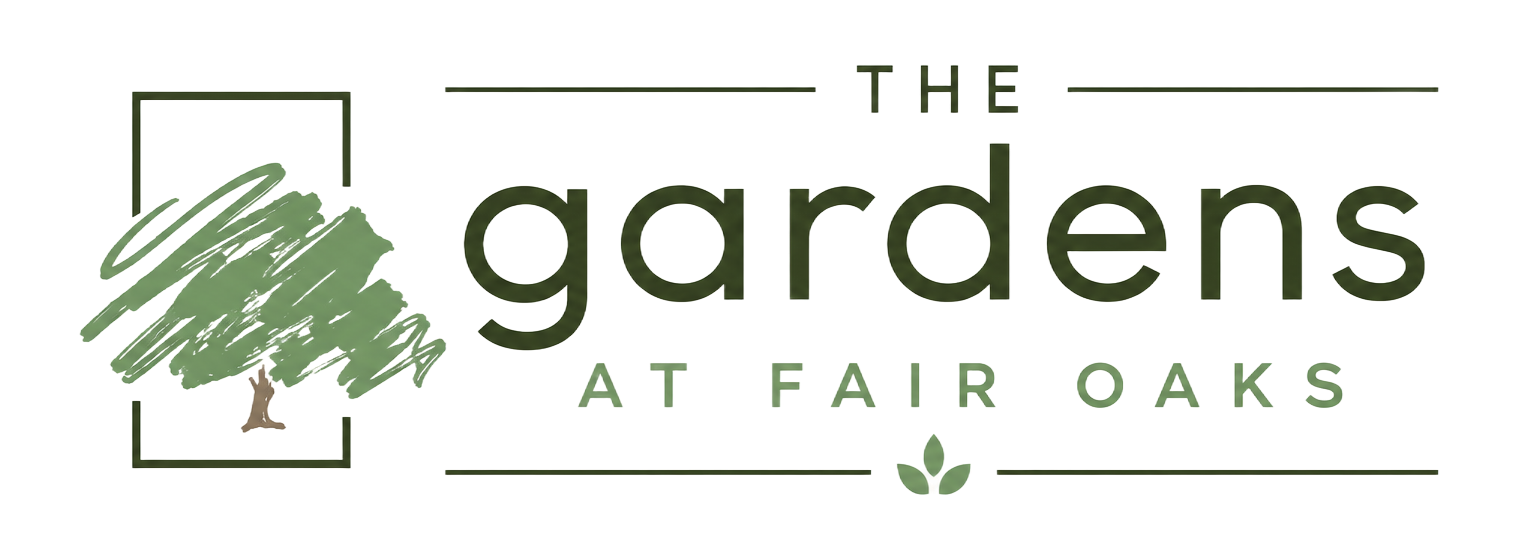 Logo for The Gardens at Fair Oaks with green tree icon and brown text on white background