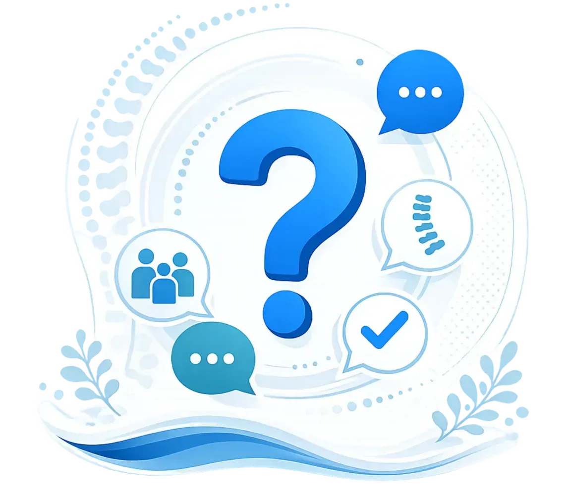 Blue question mark with chat and support icons on a light background