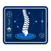 Blue medical screen showing a 3D white spine scan with diagnostic icons and controls