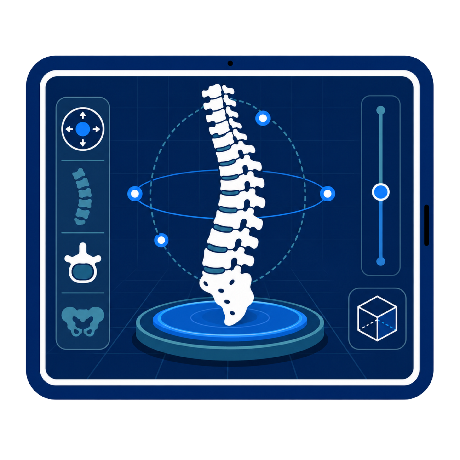 Blue medical screen showing a 3D white spine scan with diagnostic icons and controls