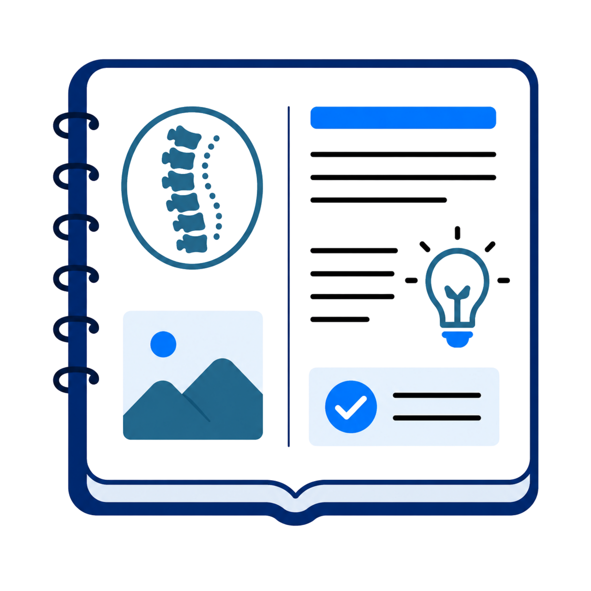 Blue open notebook icon with text lines, lightbulb, mountain image, and checkmark.