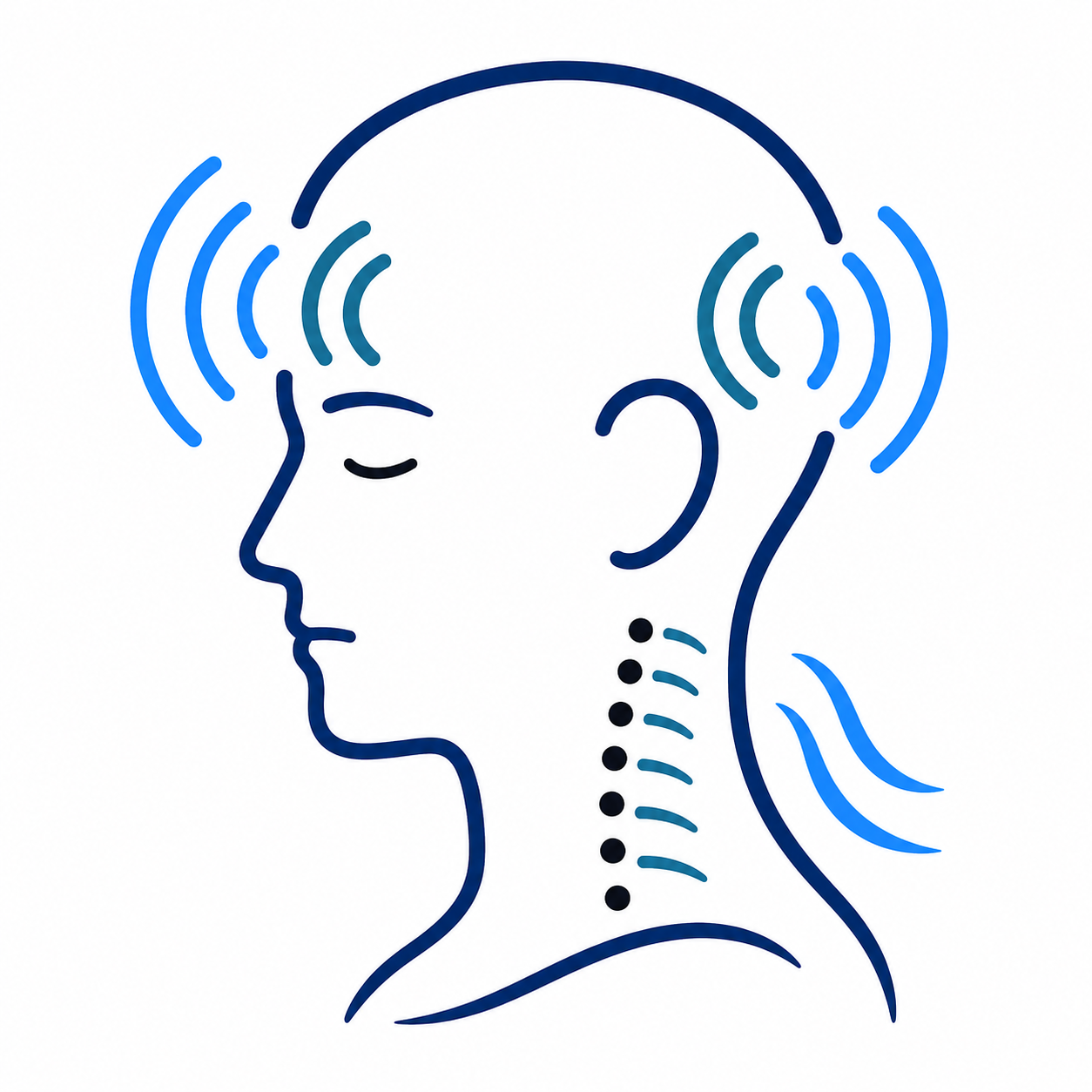 Line drawing of a head with blue sound waves and black dots along the neck, suggesting hearing or tinnitus.