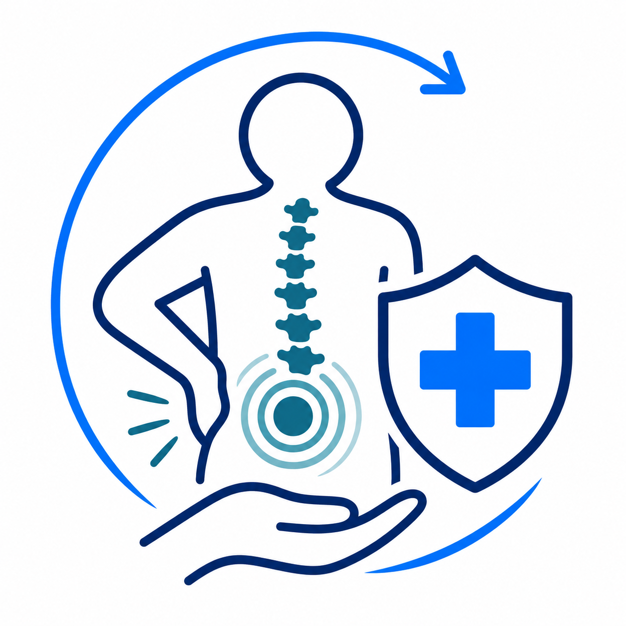 Chiropractic health icon: spine, back pain target, protective shield with medical cross, and supportive hand.