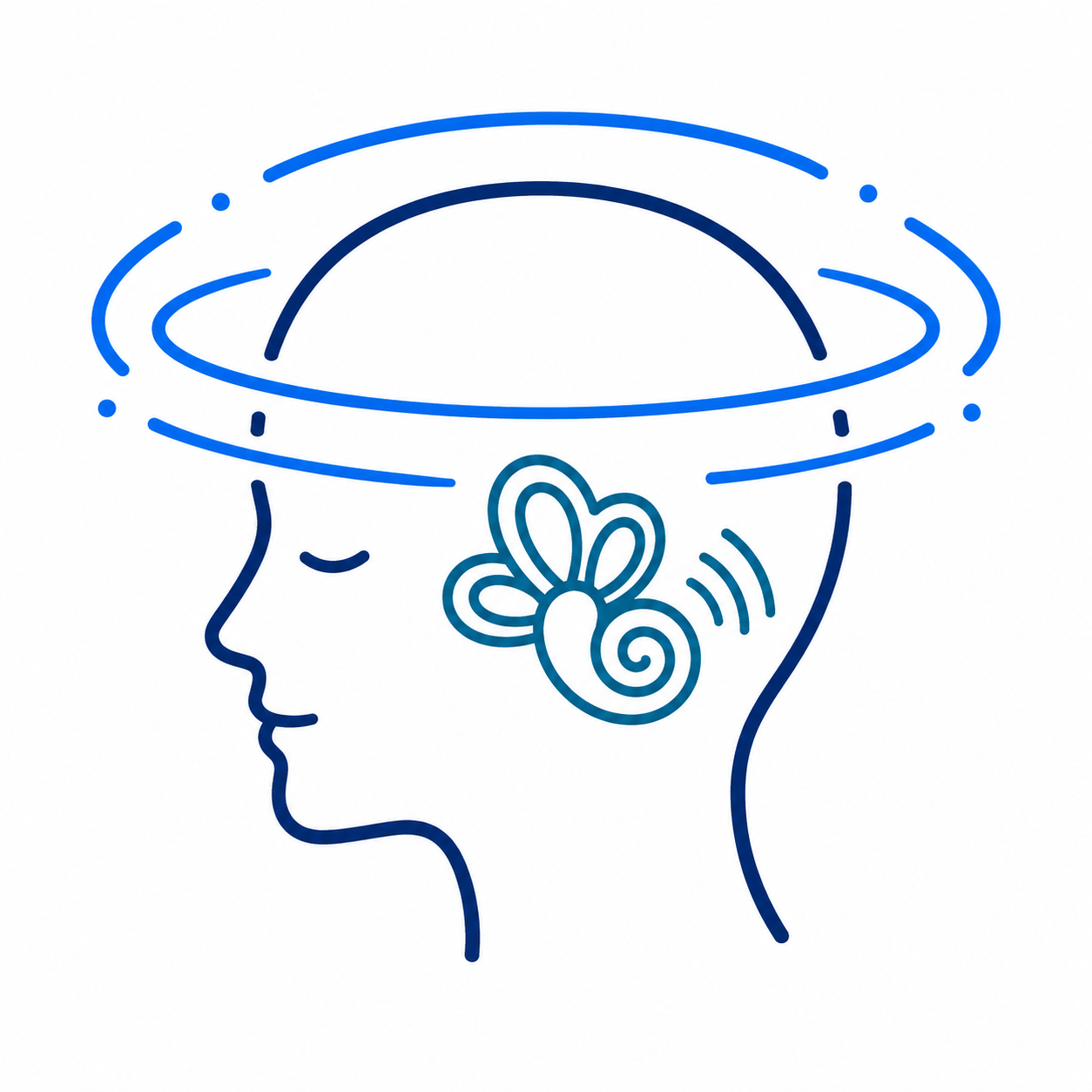 Blue line-art head with swirling halo above and a butterfly on the cheek, suggesting imagination or creativity