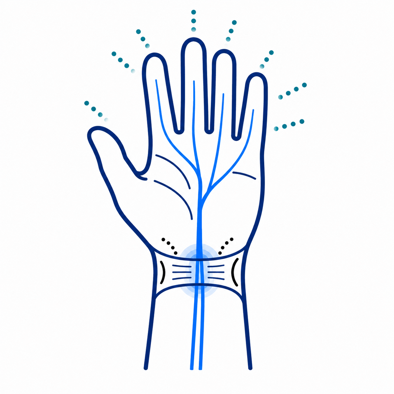 Blue line drawing of an open hand with radiating dots, suggesting pain or injury.
