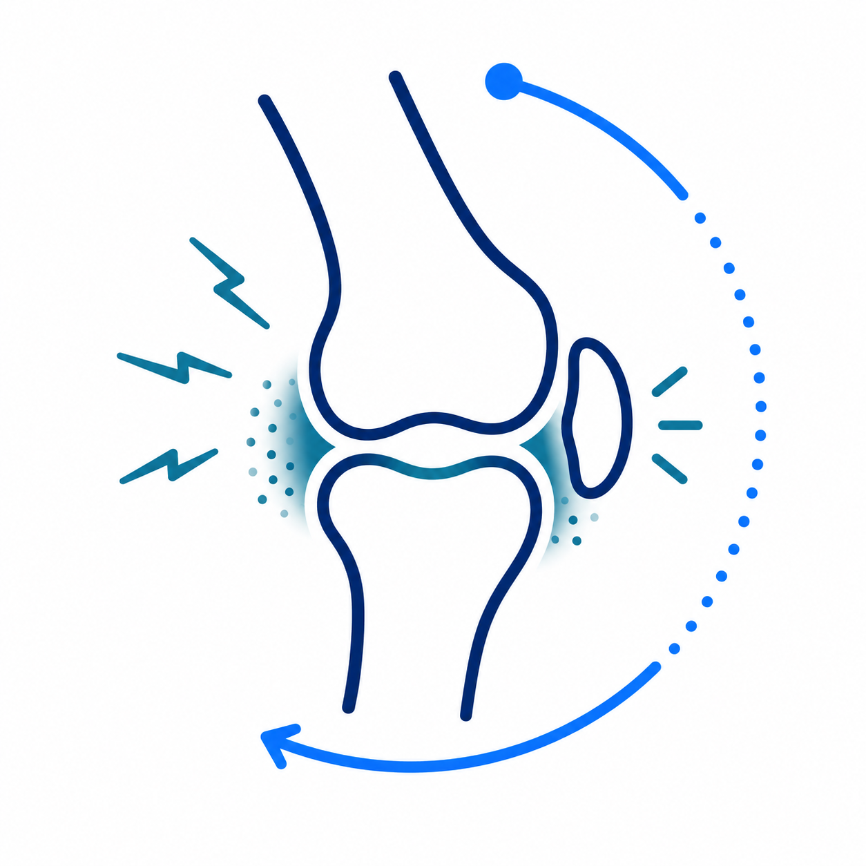 Illustration of a knee joint with pain markers and a blue curved arrow suggesting motion or treatment