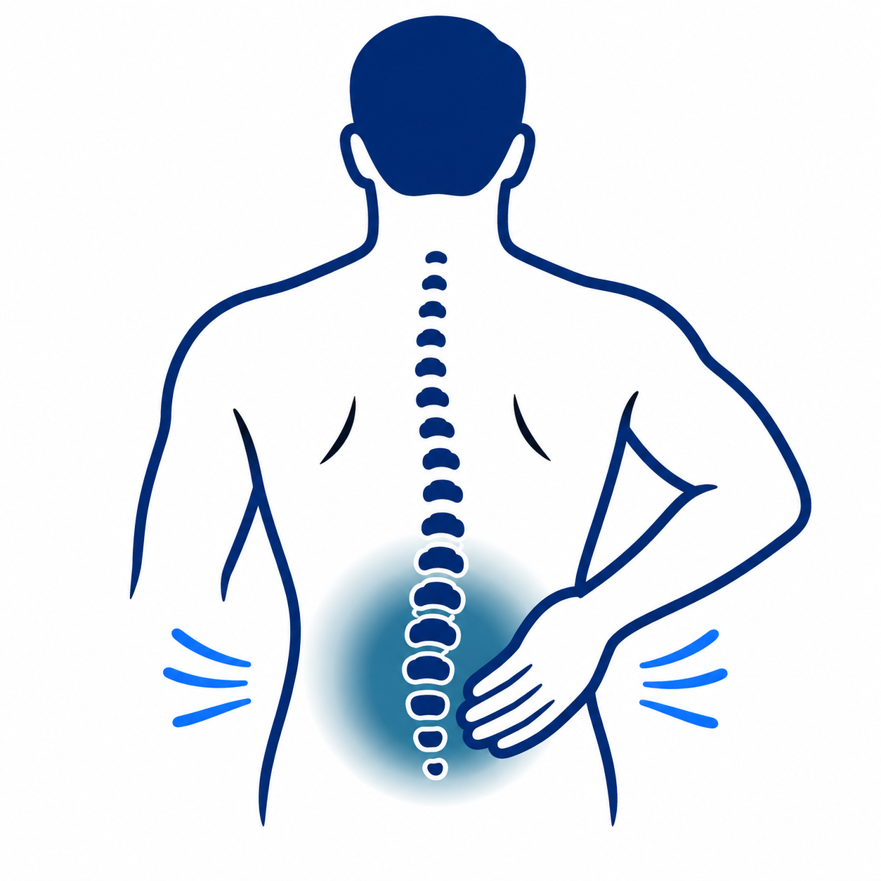 Blue outline of a back with highlighted spine and lower back pain marks
