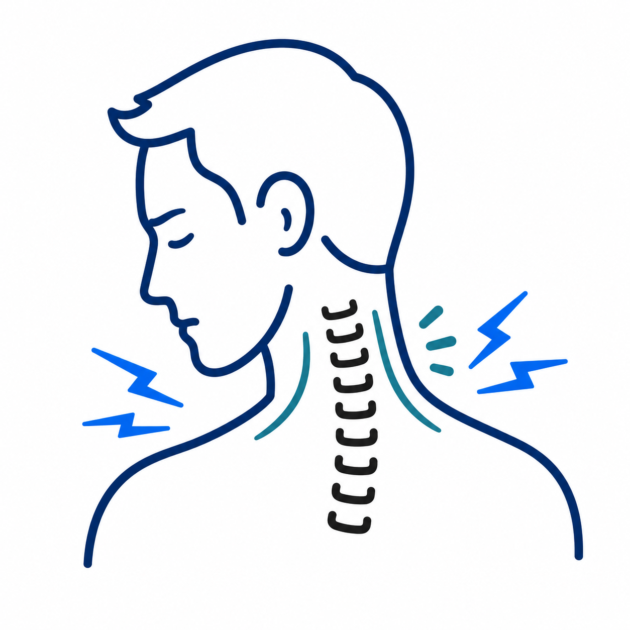 Side-view neck pain illustration with blue pain lines and highlighted spine vertebrae