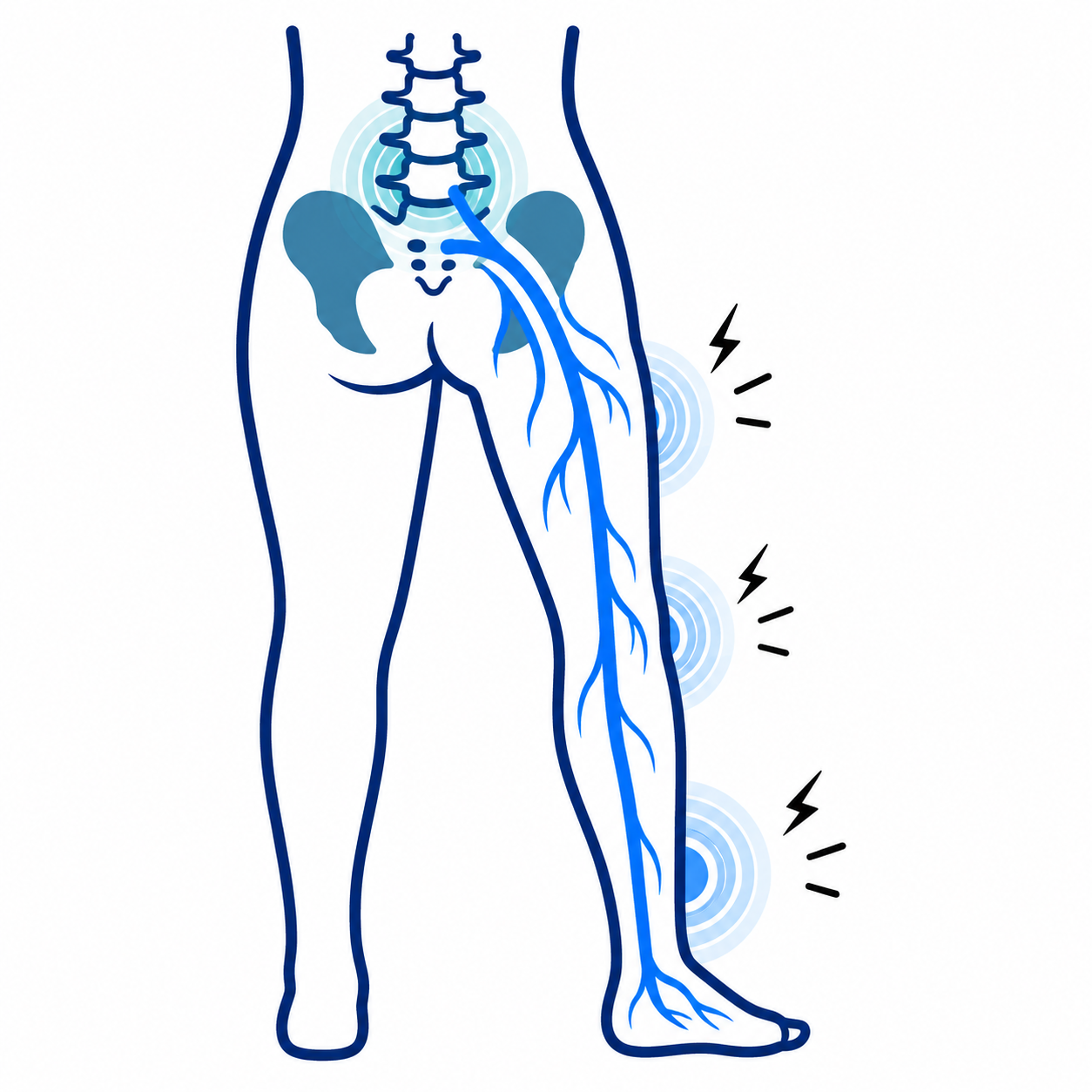 Back view of pelvis and leg with blue sciatic nerve pain highlighted down the thigh and calf