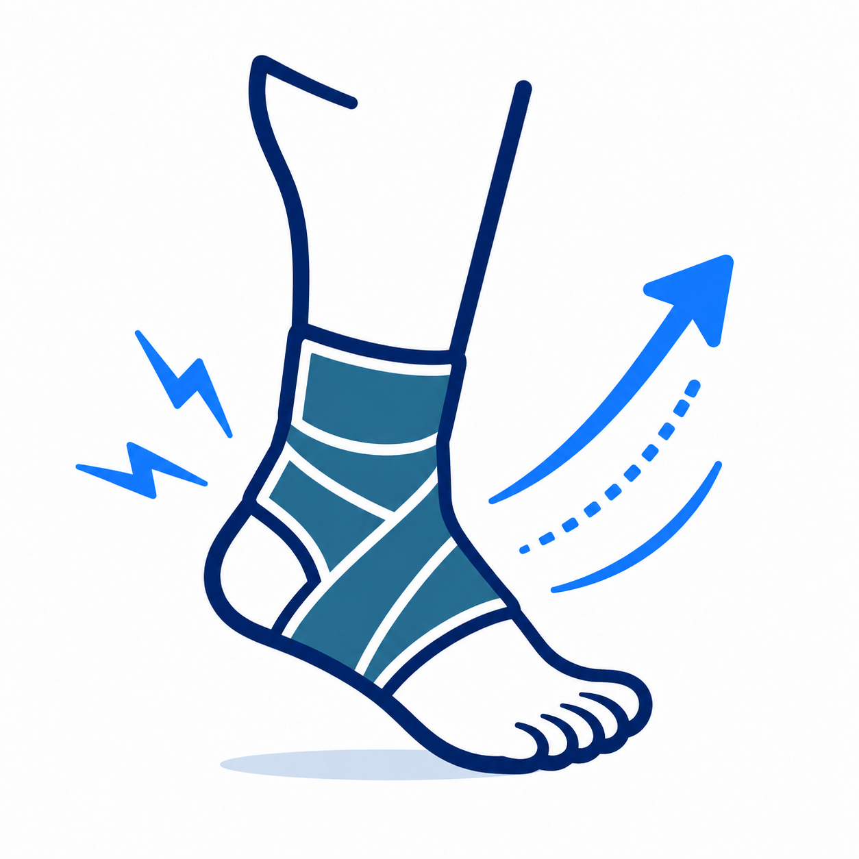 Blue ankle brace with side support on a foot, with motion lines indicating movement or pain relief