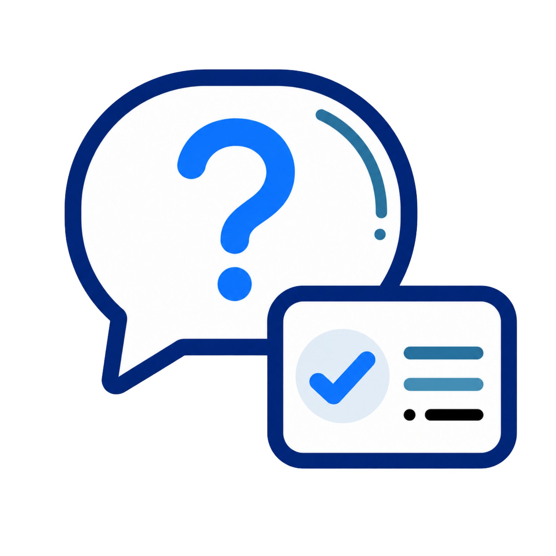 Blue speech bubble with question mark and a checklist card with checkmark icon