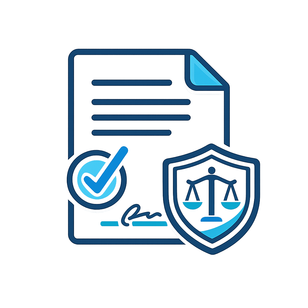 Signed legal document with blue checkmark and shield scales icon indicating verification and security