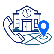 Blue line icon of a building with a phone, location pin, and route map lines