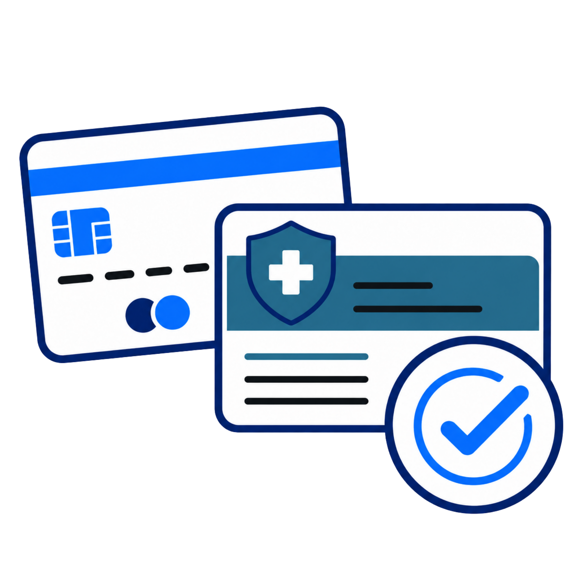 Blue and white payment cards with a shield and checkmark, suggesting secure verification