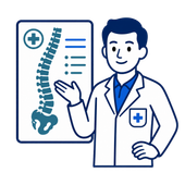 Doctor beside spine chart, pointing to spinal diagram in a medical illustration.