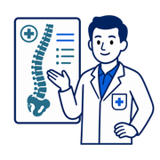 Doctor beside spine chart, pointing to spinal diagram in a medical illustration.