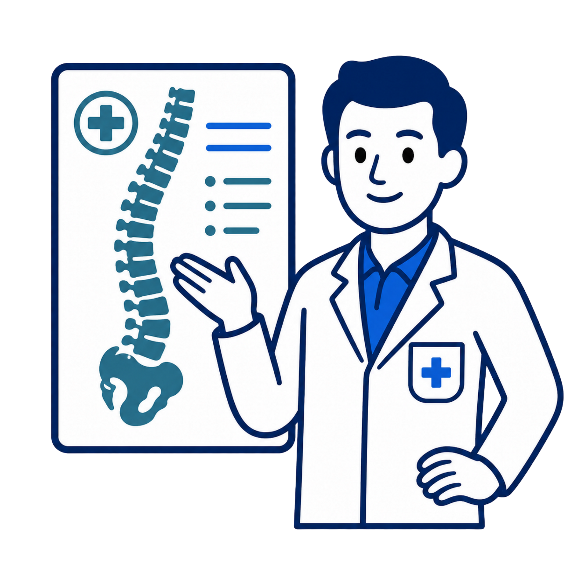Doctor beside spine chart, pointing to spinal diagram in a medical illustration.