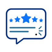 Blue chat bubble with five stars and review lines, suggesting customer feedback or ratings