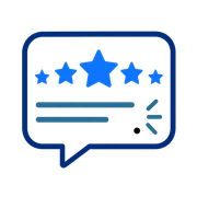 Blue chat bubble with five stars and review lines, suggesting customer feedback or ratings