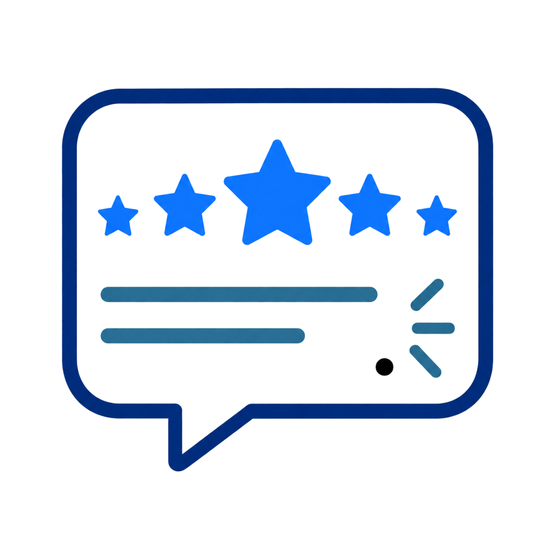 Blue chat bubble with five stars and review lines, suggesting customer feedback or ratings