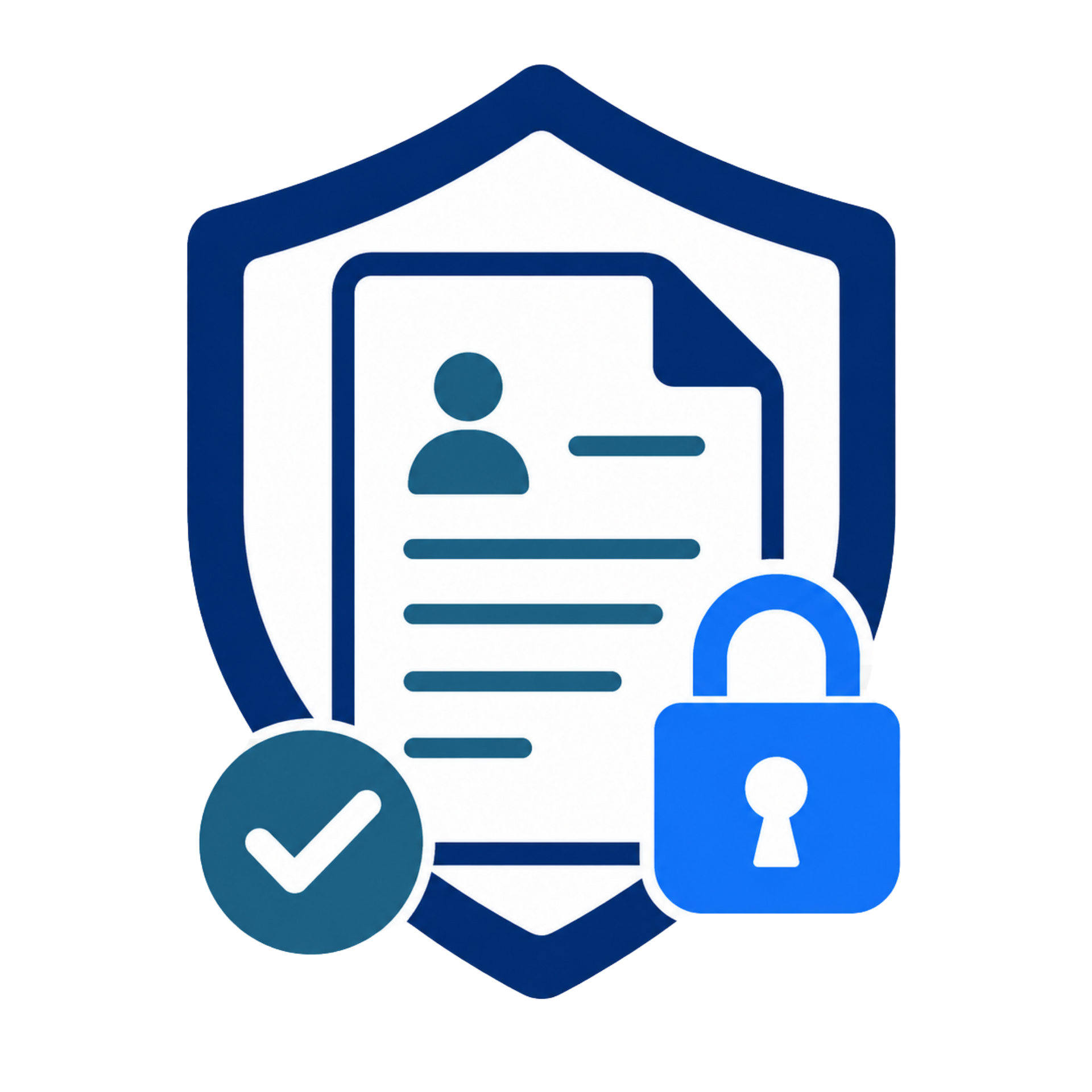 Blue security shield with document, lock, and checkmark icons.