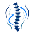 Blue spine logo with curved arrows and dotted lines, suggesting chiropractic or spinal alignment.