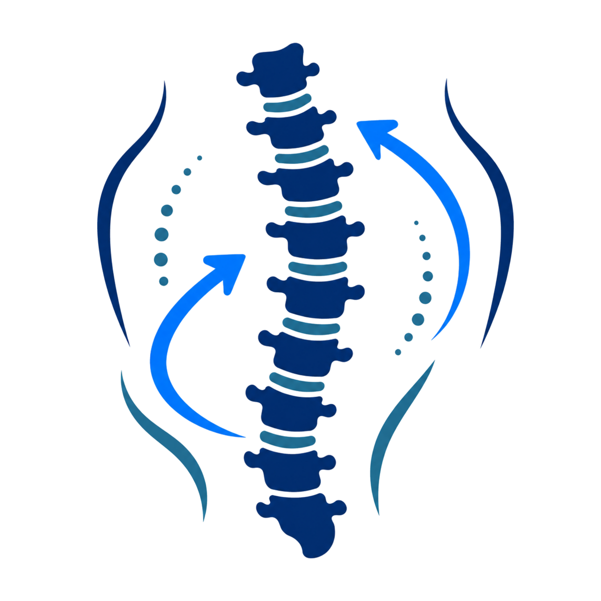 Blue spine logo with curved arrows and dotted lines, suggesting chiropractic or spinal alignment.