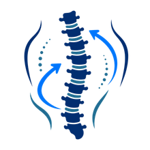 Blue stylized spine with curved arrows and dotted lines, suggesting spinal alignment or chiropractic care