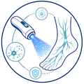 Blue medical laser treating a foot with nerve and cell icons in a circular health illustration