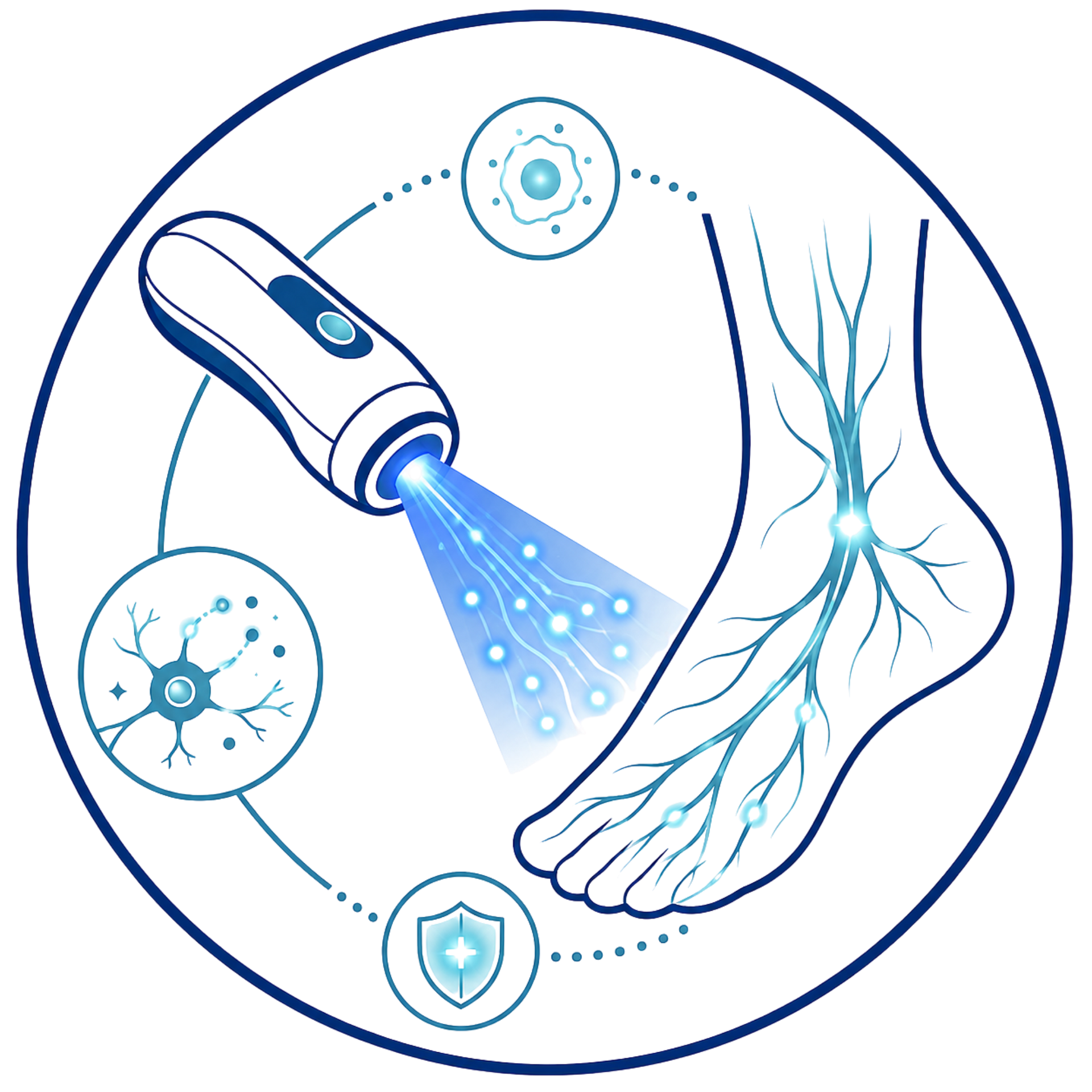 Blue medical laser treating a foot with nerve and cell icons in a circular health illustration