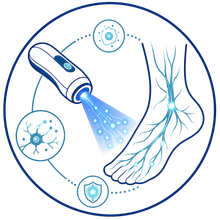 Blue medical laser device treating a human foot with nerve icons in a circular healthcare illustration
