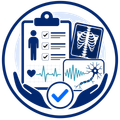 Healthcare checklist with heartbeat, x-ray, and medical icons in blue circular design