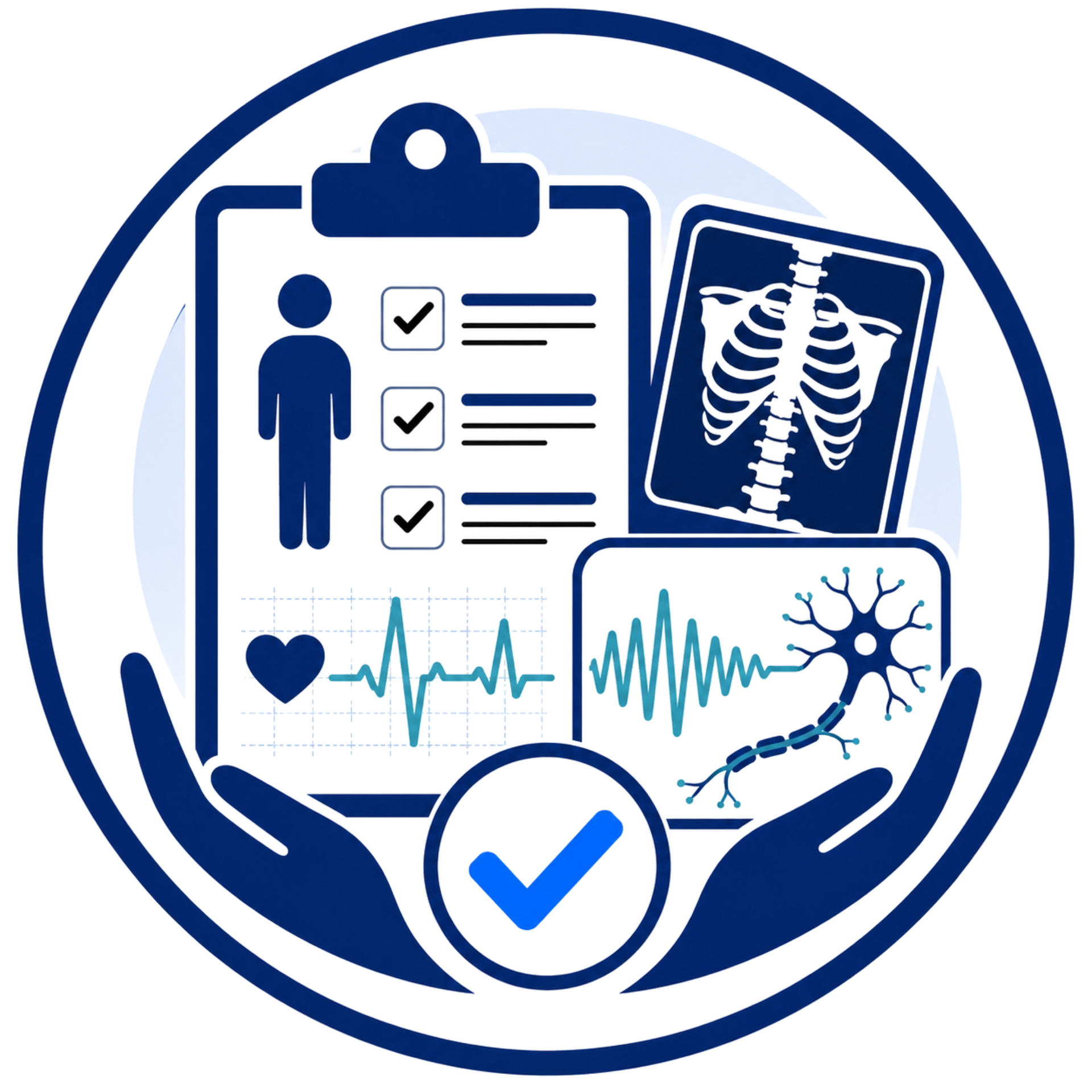 Healthcare checklist with heartbeat, x-ray, and medical icons in blue circular design
