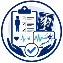 Blue medical health checklist with clipboard, X-ray, heartbeat graph, and a checkmark in hands.